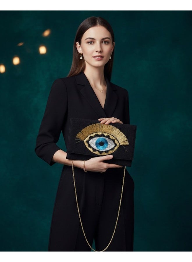 zoba Elegant women's wallet bag with a gold chain - can be worn crossbody or clutch - distinctive and luxurious eye design for outings and occasions (black) - Image 2